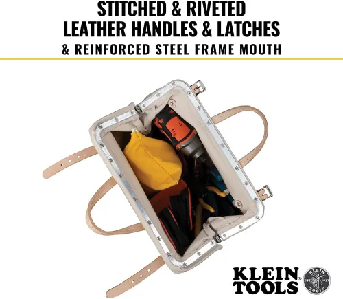 Miniatura 5 de Klein Tools 5102-14 Bolsa de herramientas de lona natural resistente, bolsa de herramientas, bolsa multiusos con apertura ancha con bisagras y asas