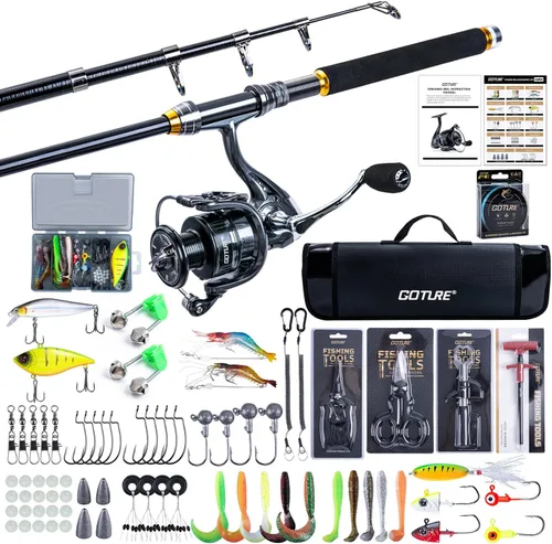 Goture Caña de pescar y carrete combos, 1.8M-2.7M telescópica caña de pescar spinning carrete línea señuelos conjunto con bolsa de transporte, kit