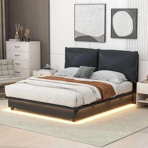 Miniatura 14 de Cama de plataforma flotante, marco de cama de madera tamaño individual con rayas claras, tela de lino suave y cabecera de diseño capitoné