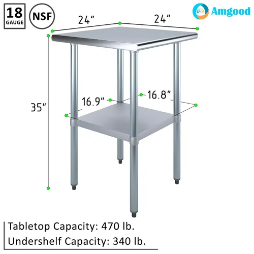 Miniatura 3 de Mesa de trabajo con/sin 4 ruedas ruedas de acero inoxidable mesa de trabajo de preparación de alimentos 24" X 24". Certificado NSF (sin ruedas)