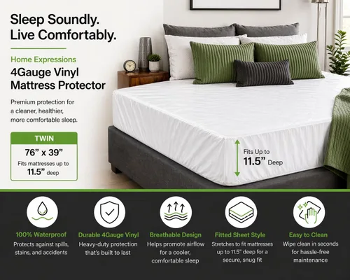 Miniatura 2 de Home Expressions Protector de colchón de vinilo plástico 4Gauge, estilo sábana bajera, impermeable, transpirable y con protección contra derrames