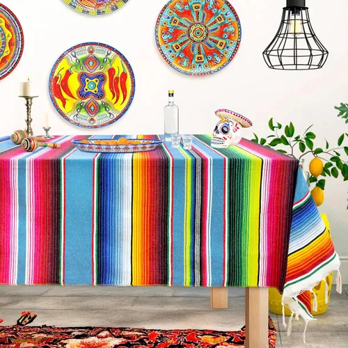 Miniatura 8 de OurWarm Mantel mexicano de 59 x 84 pulgadas para decoración de bodas y fiestas mexicanas, mantel cuadrado grande de algodón con flecos, manta Azul