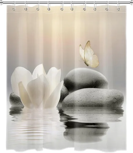 Miniatura 2 de EOBTAIN Cortina de ducha floral zen, lirio de agua blanca, mariposa y piedra zen gris, cortinas de ducha para baño, plantas, naturaleza, espiritual