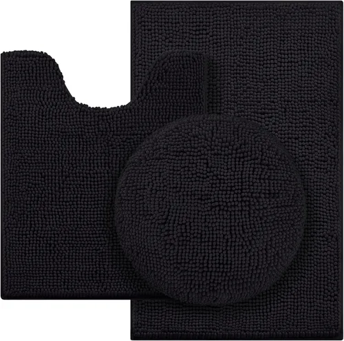 Miniatura 13 de HOMEIDEAS Juego de alfombras de baño negras de 3 piezas, alfombras y tapetes de felpilla de mantequilla, peludos, absorbentes, antideslizantes