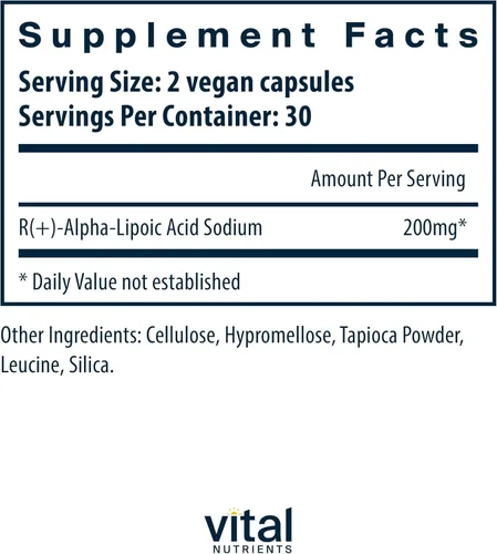 Miniatura 2 de Vital Nutrients Ácido R-lipoico – Antioxidante activo de ácido alfa-lipoico – Suplemento ALA para metabolismo saludable y energía – Gluten, lácteos