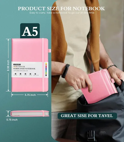 Miniatura 4 de Ansopu Cuaderno rayado para mujeres, A5 100 GSM papel grueso, diario de cuero rosa para escribir, diario de viaje 160 páginas (14.6 x 21.3 cm)