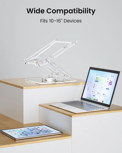 Miniatura 7 de Soporte para computadora portátil para escritorio, elevador acrílico transparente ajustable y plegable con base giratoria de 360°, soporte