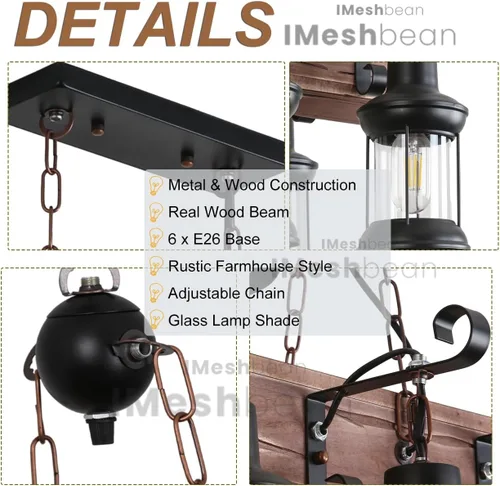 Miniatura 3 de iMeshbean Candelabro rústico de granja para comedor, cocina, isla, luces colgantes de madera industrial, lámpara de techo para sala de juegos, bar