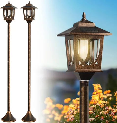 Miniatura 10 de Paquete de 2 postes de luz solar de 63 pulgadas, postes de luz solar para exteriores, impermeables, lámparas para exteriores, patio, decoración