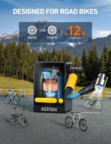Miniatura 10 de AstroAI Bomba de bicicleta, inflador de neumáticos de 150 PSI, compresor de aire portátil, inflador de neumáticos con medidor de presión