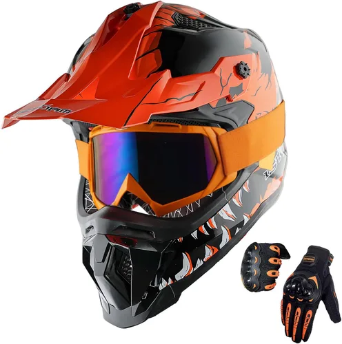 Miniatura 11 de 1Storm - Casco de motocross para adulto ATV Dirt Bike BMX MX Downhill Mountain Helmet estilo pista JH601; conjunto de casco rosa dinosaurio + gafas