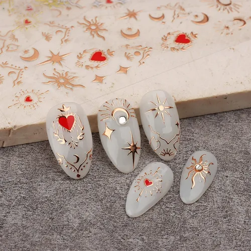 Miniatura 5 de TailaiMei Calcomanías para uñas de luna y estrella, para el día de San Valentín, calcomanías autoadhesivas de arte de uñas de corazón dorado