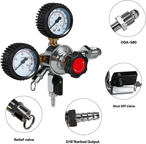 Miniatura 4 de LUCKEG Regulador de cerveza de nitrógeno CGA580, regulador de presión de aire de gas de doble calibre con presión de suministro de 0-100 PSI