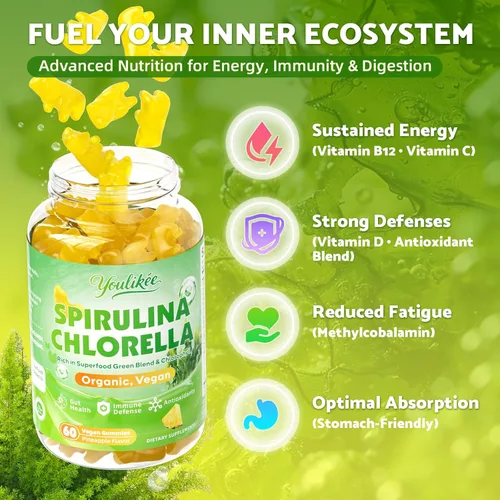 Miniatura 3 de Gomitas orgánicas de Spirulina Chlorella, mezcla de súper verduras con proteínas, clorofila, vitamina C, D3, B12, zinc, apoyan la energía diaria