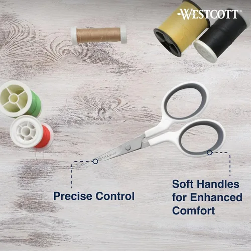 Miniatura 3 de Westcott Tijeras de bordado de 4 pulgadas con cuchillas curvadas de titanio para recortar al ras, manualidades, coser y más (blanco y gris)