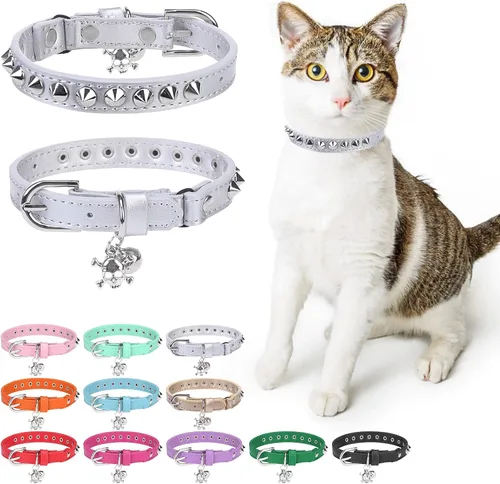 Miniatura 15 de Collares de cuero DILLYBUD para gatos macho y hembra con campana y cinturón elástico de seguridad, collar ajustable con hebilla de seguridad
