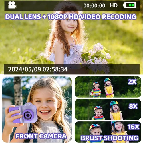Miniatura 4 de Cámara de impresión instantánea para niños, selfie de doble lente HD de 1080P, cámara digital para niños pequeños con 5 rollos de papel y tarjeta