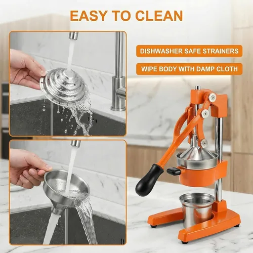 Miniatura 6 de Exprimidor de cítricos de hierro fundido – Prensa manual de naranja resistente de 13.8 libras, taza y colador de acero inoxidable 304, exprimidor