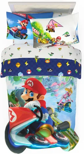 Miniatura 11 de Franco - Juego de ropa de cama coleccionable Nintendo Donkey Kong, 5 piezas, edredón reversible supersuave y juego de sábanas con funda, tamaño Rojo