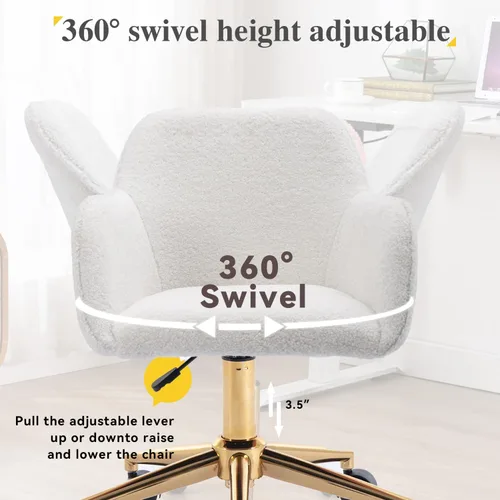 Miniatura 5 de Silla de oficina en casa de tela de peluche, bonita silla giratoria de escritorio con ruedas, moderna silla de tocador ajustable con base dorada