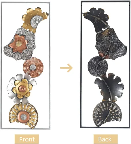 Miniatura 3 de Asense Juego de 2 flores de metal para colgar en la pared con marco, 36 x 14 pulgadas, esculturas modernas de arte de pared de metal dorado
