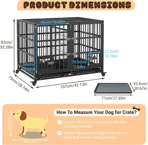 Miniatura 2 de 42-Inch Escape-Proof Dog Crate, Indestructible Steel Dog Kennel with Locking Wheels, Anxiety Relief Pet Cage for Medium/Large Dogs, Indoor/Outdoor