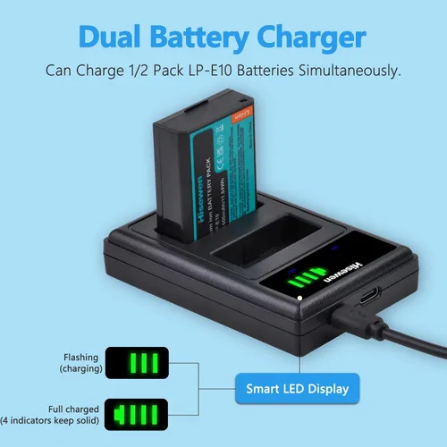 Miniatura 4 de LP-E10 - Paquete de 2 baterías de 1600 mAh y cargador dual para Canon EOS Rebel T7 T6 T5 T3 T100 Kiss X90 X80 X70 X50 1100D 1200D 1300D 1500D 2000D