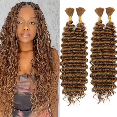 Miniatura 12 de Mezcla de cabello humano para trenzar, cabello sintético rizado bohemio para trenzar, trenzas bohemias de 16 pulgadas, 4 paquetes de 110g/paquete