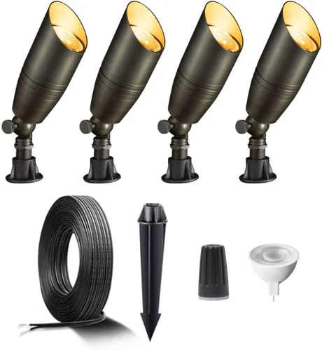 Miniatura 34 de Gardenreet Focos de paisaje de bajo voltaje - Luz superior LED de latón 12V para exterior, luces focales cableadas IP65 impermeables, enfoque