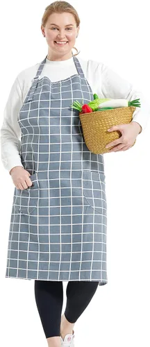 Delantales de algodón y lino para hornear, talla grande, para mujer, con bolsillos, cocina