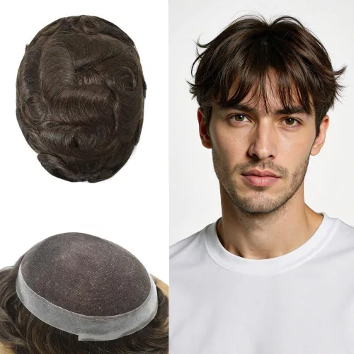 Miniatura 54 de Toupee para hombres Sistema de reemplazo de cabello humano real pieza de cabello humano para hombres encaje suizo para hombre Toupee Hair Pieces