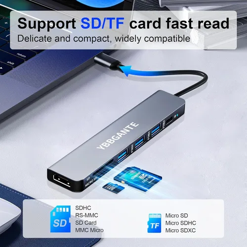 Miniatura 5 de Adaptador multipuerto USBC USB c a USB hub 7 en 1 adaptador de dongle USB c adaptador multipuerto con lector de tarjetas SD 100W PD 4K30hz hdmi hub