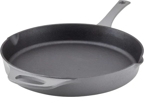 Rachael Ray NITRO Sartén de Hierro Fundido con Mango Auxiliar y Picos Vertedores, 12 Pulgadas, Gris
