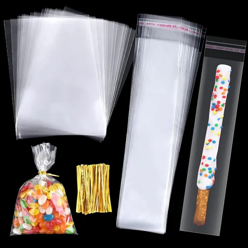 ASTARON 200 bolsas de pretzel con lazos, bolsas de barra de pretzel, bolsas autoadhesivas para fiestas de cumpleaños, palitos de pretzels, bolsas