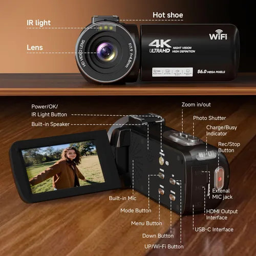 Miniatura 9 de Videocámara, videocámara 4K 56MP grabadora de video digital 18X zoom 3" pantalla táctil de rotación 270° visión nocturna IR, cámara wifi para vlogs