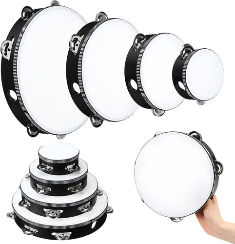 Reginary Pandereta de madera de mano para adultos, 8 unidades, 4 tamaños, de una sola fila, de metal, regalo educativo musical, instrumento de Negro