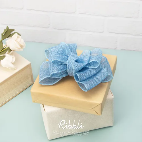 Miniatura 3 de Ribbli Cinta con alambre de arpillera azul bebé, 2-1/2 pulgadas x 10 yardas continuas, cinta de borde con alambre para lazo grande, corona