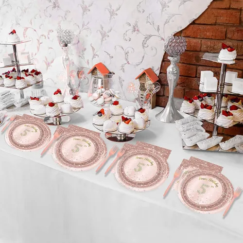Miniatura 7 de 24 juegos de decoración de fiesta de oro rosa para niñas de 5 años, 5 platos de cumpleaños y tenedores con servilletas, suministros de fiesta