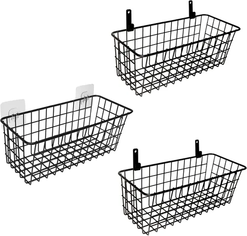 Joben Oligey Juego de 3 Cestas Colgantes de Alambre, Cesta de Frutas para Montaje en Pared, Sin Perforación, Cesta de Metal Pequeña Adhesiva,