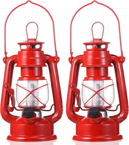 Hortsun 2 Piezas Farol LED Vintage de 8 Pulgadas Tipo Huracán de Metal Rojo para Exteriores Operado con Baterías Farol Colgante con LEDs Cálidos e