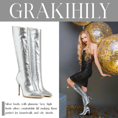Miniatura 3 de Grakihily Botas negras de tacón alto con punta puntiaguda hasta la rodilla, botas de moda para mujer