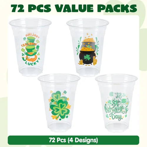Miniatura 2 de JOYIN 72 vasos de plástico de 16 onzas para el día de San Patricio, vasos desechables verdes a granel con 4 patrones de caldero de trébol