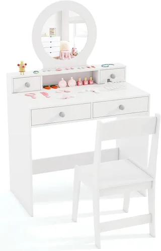 Miniatura 11 de HONEY JOY Juego de tocador para niños, juego de tocador para niñas con espejo y taburete y luces, cajones y estantes de almacenamiento, mesa