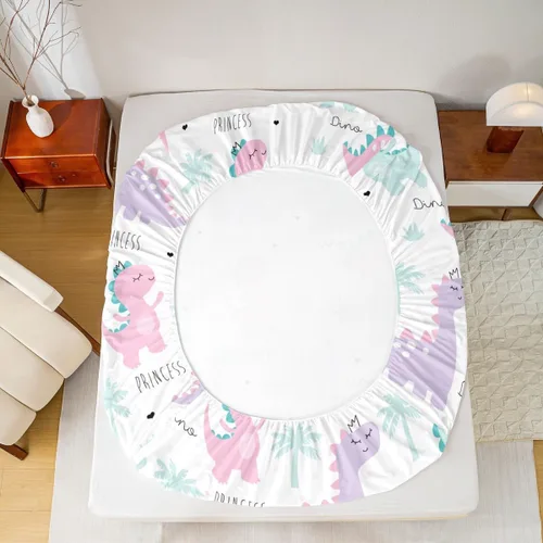 Miniatura 7 de Erosebridal Sábana bajera ajustable de dinosaurio, juego de ropa de cama de hoja de palmera para dormitorio de niños y niñas, lindo animal verde