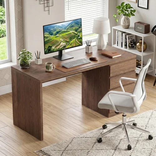 Miniatura 6 de FUNKOCO Escritorio blanco para computadora con 3 cajones, escritorio de madera para oficina en casa de 53 pulgadas con cajón de archivos