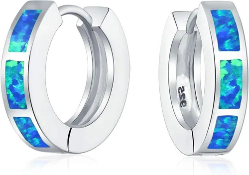 Aretes de aro iridiscentes con incrustaciones de ópalo creadas en blanco y azul para mujeres, adolescentes, plata de ley 925, piedra natal de