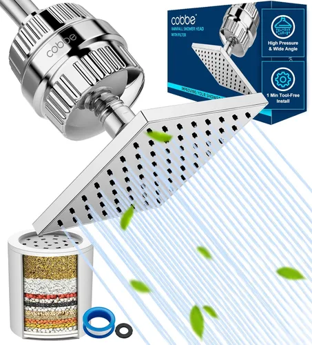 Cobbe Cabezal de ducha filtrado de alta presión, cabezal de ducha de lluvia con filtro de cabezal de ducha de 20 etapas para agua dura, repuesto
