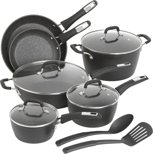 GoodCook Juego de utensilios de cocina de aluminio Micro-Divot de 12 piezas con ollas, sartenes, cuchara y volteador, ollas y sartenes