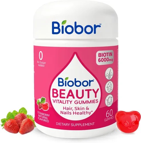 Biobor - Gomitas naturales de biotina de 6000 mcg sin azúcar añadido, gomitas de belleza para el cabello, la piel y las uñas, con vitaminas A C E