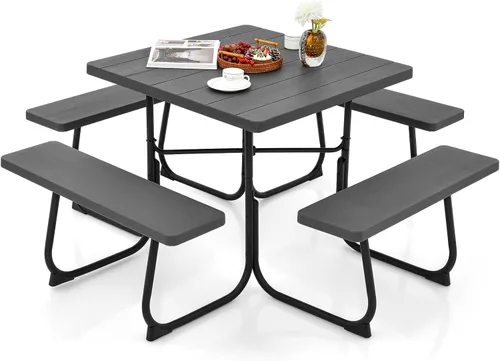 Miniatura 12 de Giantex Juego de mesa de picnic para 8 personas, mesa y banco al aire libre con agujero para paraguas, parte superior de polietileno de alta Verde